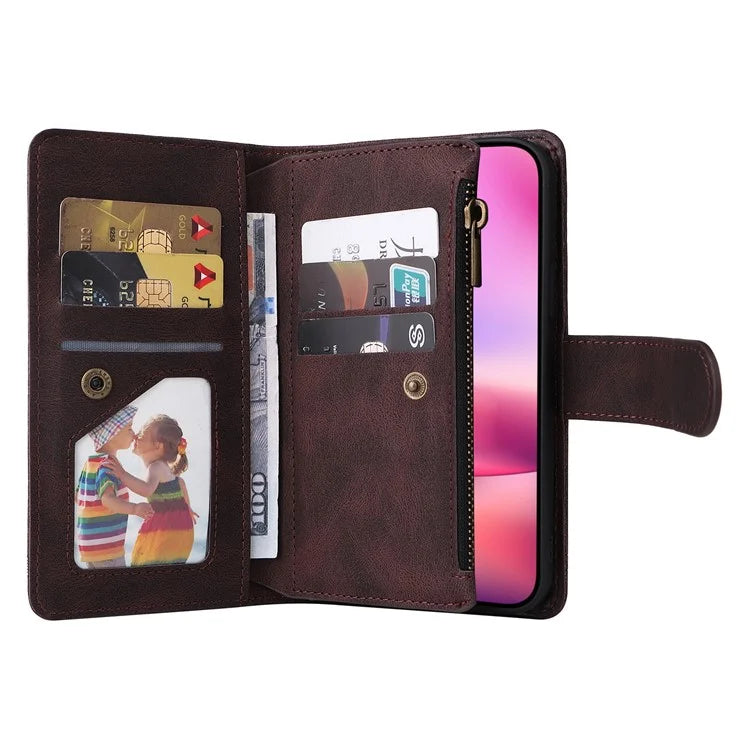 For iPhone 16 Leather Case Zipper Pocket Protective Phone Cover