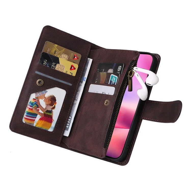 For iPhone 16 Leather Case Zipper Pocket Protective Phone Cover
