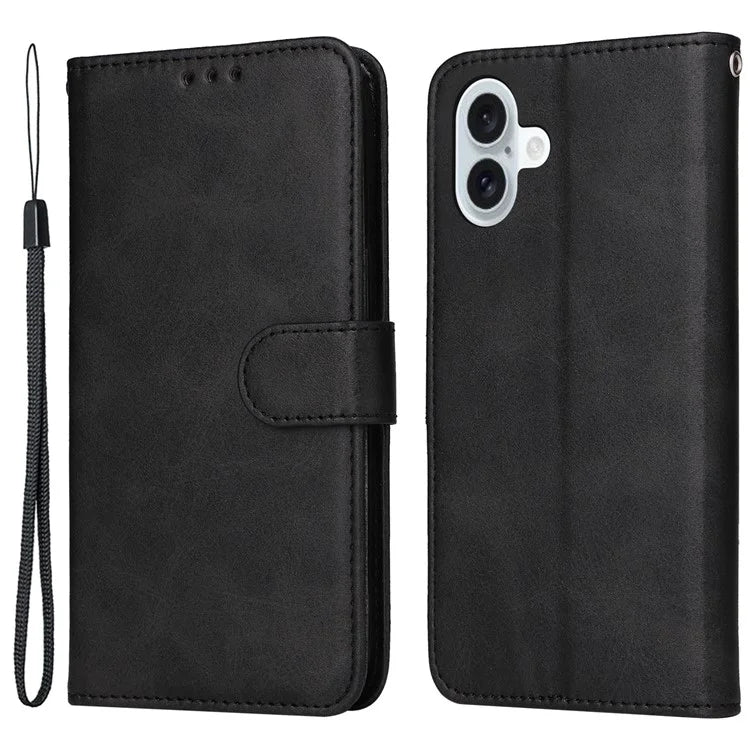 For iPhone 16 Plus Leather Wallet Case Calf Texture Magnetic Clasp Cell Phone Cover