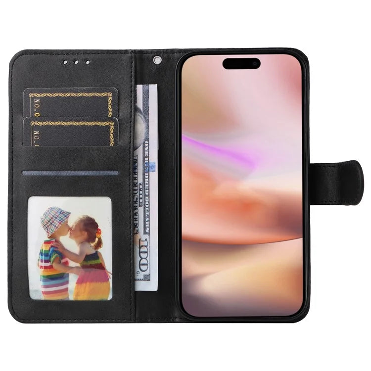 For iPhone 16 Plus Leather Wallet Case Calf Texture Magnetic Clasp Cell Phone Cover