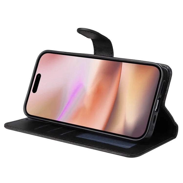 For iPhone 16 Plus Leather Wallet Case Calf Texture Magnetic Clasp Cell Phone Cover
