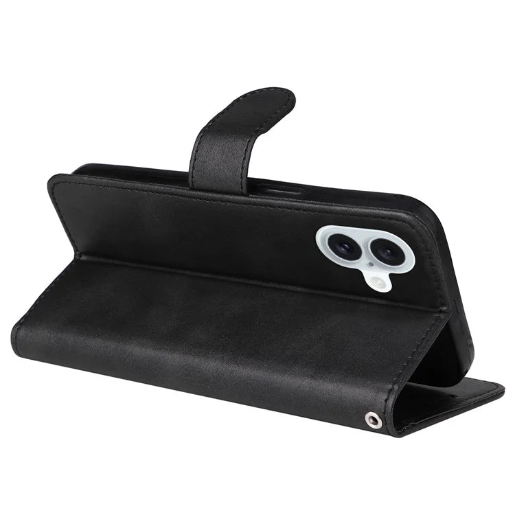 For iPhone 16 Plus Leather Wallet Case Calf Texture Magnetic Clasp Cell Phone Cover