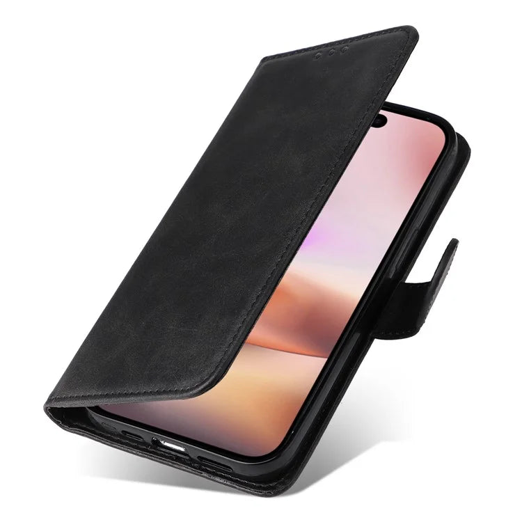 For iPhone 16 Plus Leather Wallet Case Calf Texture Magnetic Clasp Cell Phone Cover