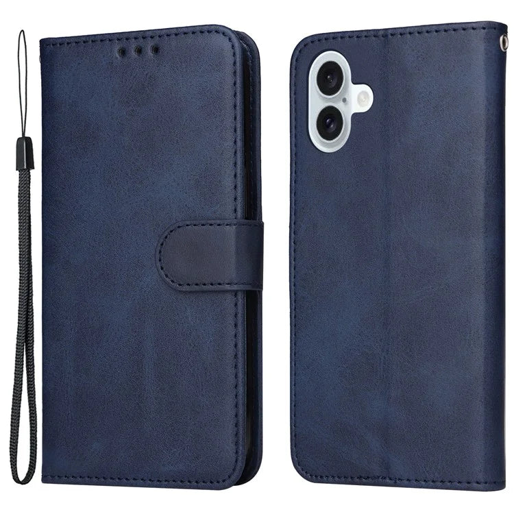 For iPhone 16 Plus Leather Wallet Case Calf Texture Magnetic Clasp Cell Phone Cover