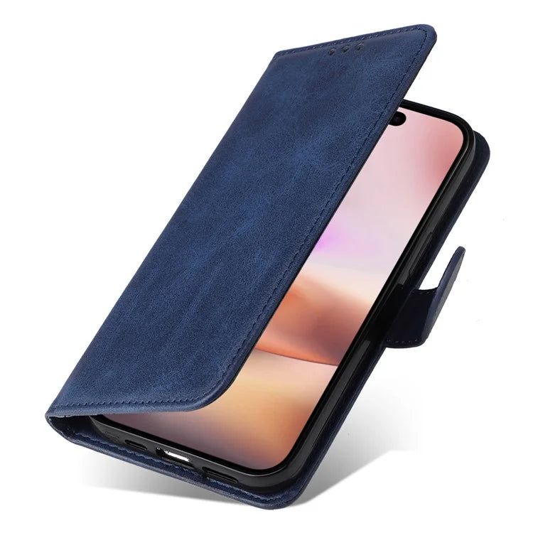 For iPhone 16 Plus Leather Wallet Case Calf Texture Magnetic Clasp Cell Phone Cover