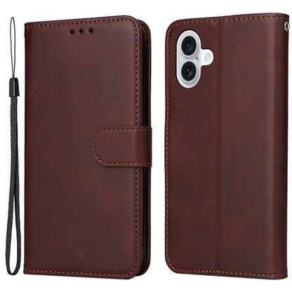 For iPhone 16 Plus Leather Wallet Case Calf Texture Magnetic Clasp Cell Phone Cover