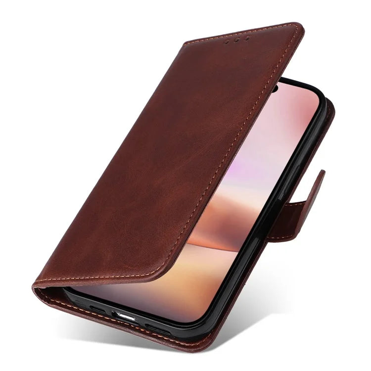 For iPhone 16 Plus Leather Wallet Case Calf Texture Magnetic Clasp Cell Phone Cover