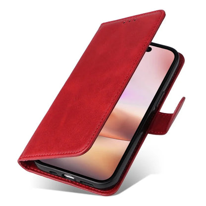 For iPhone 16 Plus Leather Wallet Case Calf Texture Magnetic Clasp Cell Phone Cover