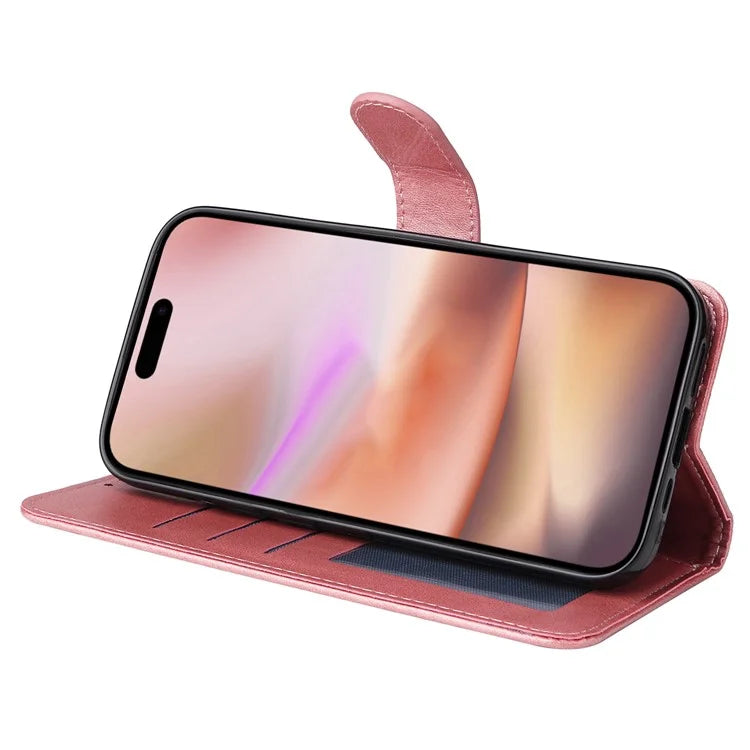 For iPhone 16 Plus Leather Wallet Case Calf Texture Magnetic Clasp Cell Phone Cover