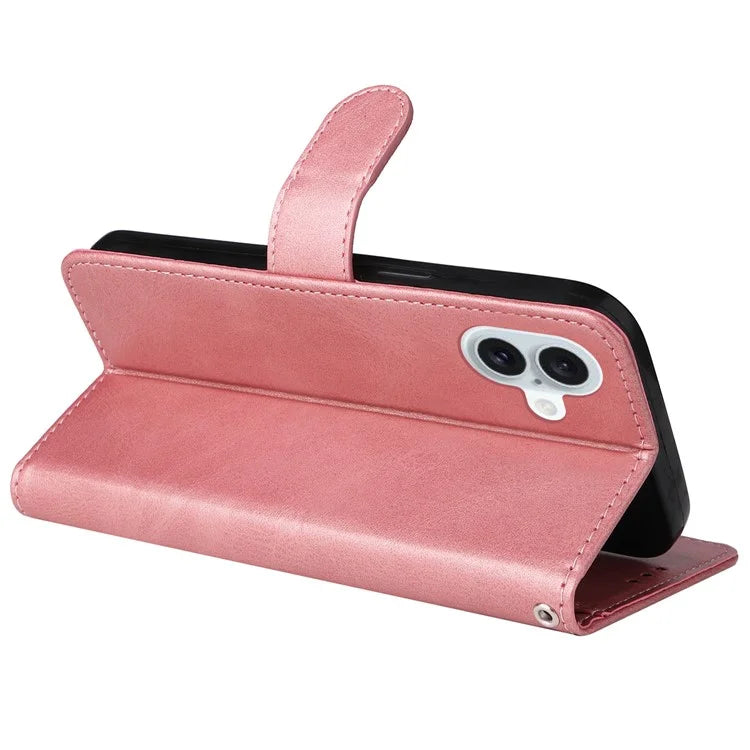For iPhone 16 Plus Leather Wallet Case Calf Texture Magnetic Clasp Cell Phone Cover