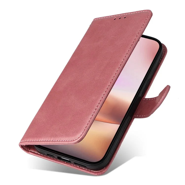 For iPhone 16 Plus Leather Wallet Case Calf Texture Magnetic Clasp Cell Phone Cover