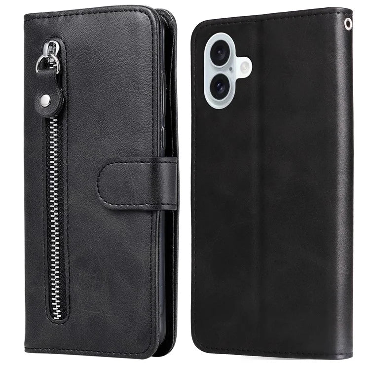 For iPhone 16 Plus Case PU Leather Card Slots Zipper Pocket Phone Cover