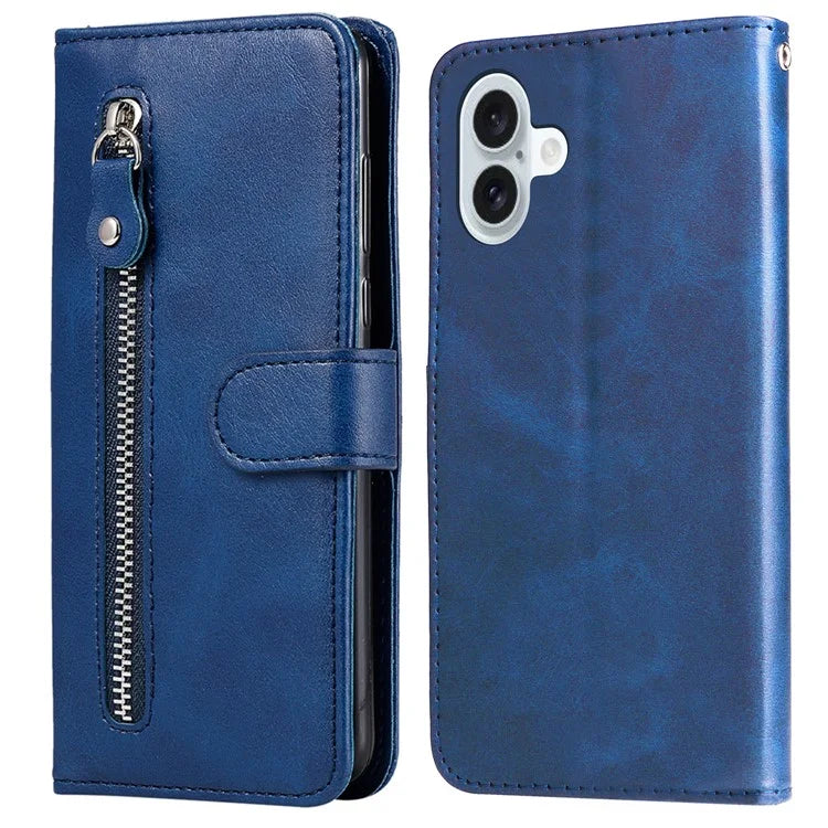 For iPhone 16 Plus Case PU Leather Card Slots Zipper Pocket Phone Cover