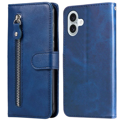 For iPhone 16 Plus Case PU Leather Card Slots Zipper Pocket Phone Cover