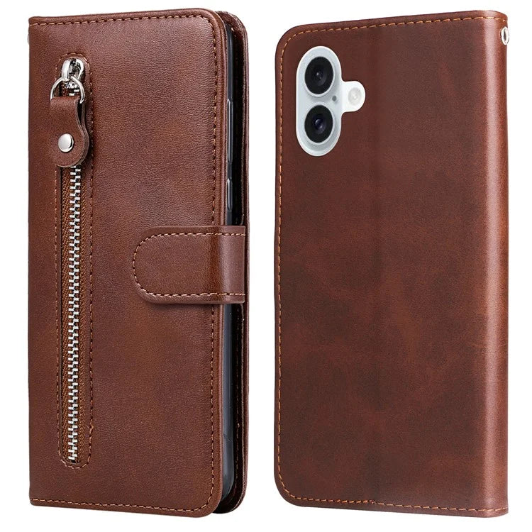 For iPhone 16 Plus Case PU Leather Card Slots Zipper Pocket Phone Cover