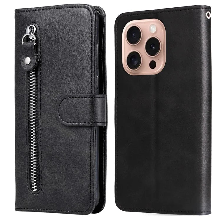 For iPhone 16 Pro Case Zipper Pocket Wallet Shockproof PU Leather Phone Cover