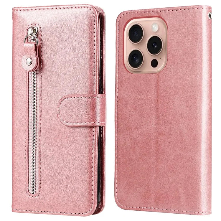 For iPhone 16 Pro Case Zipper Pocket Wallet Shockproof PU Leather Phone Cover