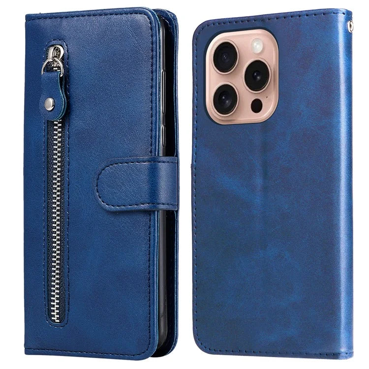 For iPhone 16 Pro Case Zipper Pocket Wallet Shockproof PU Leather Phone Cover