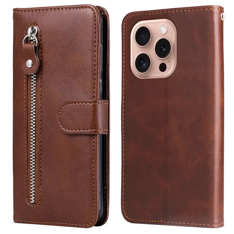 For iPhone 16 Pro Case Zipper Pocket Wallet Shockproof PU Leather Phone Cover