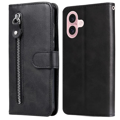 For iPhone 16 Case Zipper Pocket Wallet Shockproof PU Leather Phone Cover