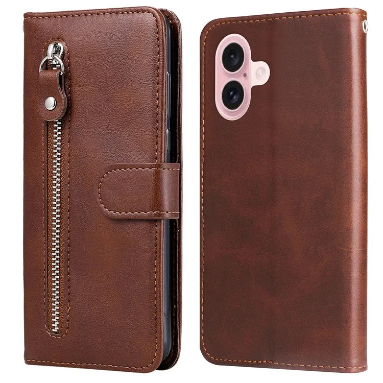 For iPhone 16 Case Zipper Pocket Wallet Shockproof PU Leather Phone Cover