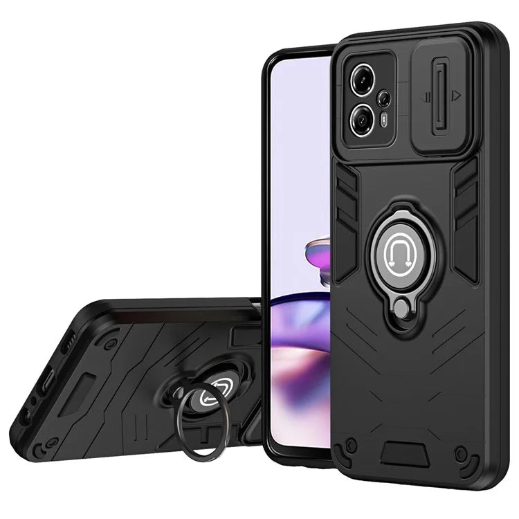 For Motorola Moto G13 4G Case PC+TPU Ring Kickstand Phone Shell with Lens Cover