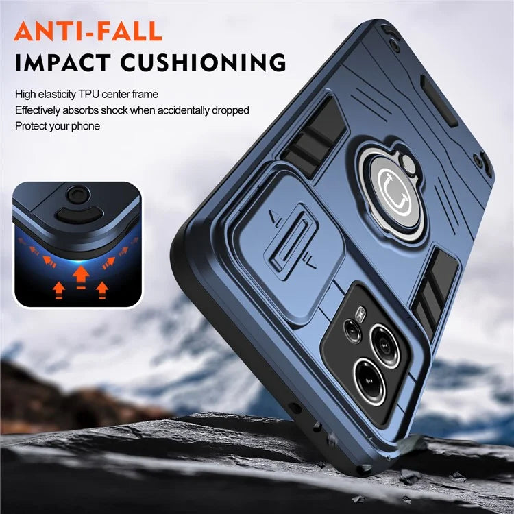 For Motorola Moto G13 4G Case PC+TPU Ring Kickstand Phone Shell with Lens Cover