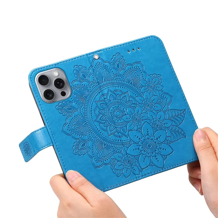 For iPhone 16 Pro Max Case Flower Imprinted Full Protection PU Leather Wallet Phone Cover