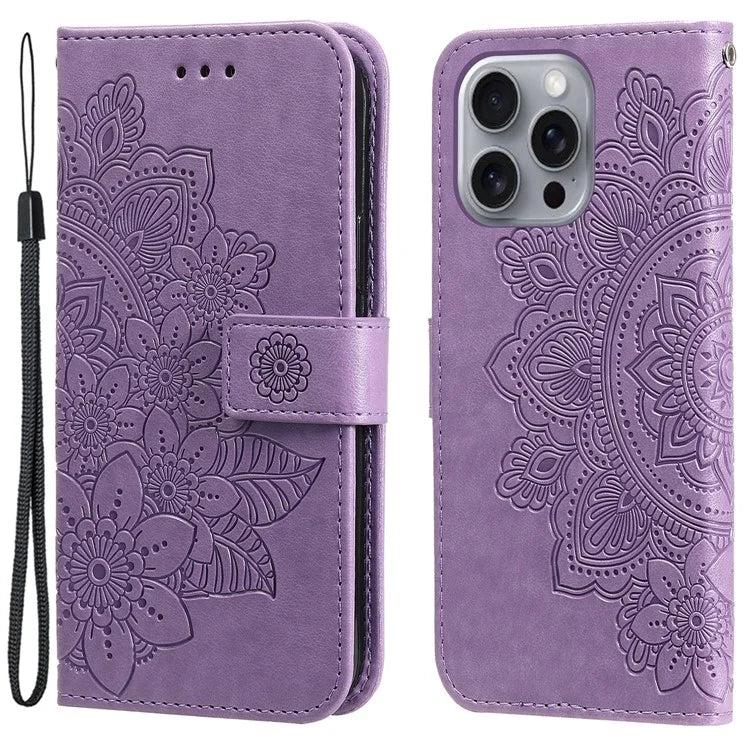 For iPhone 16 Pro Max Case Flower Imprinted Full Protection PU Leather Wallet Phone Cover