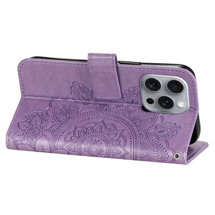 For iPhone 16 Pro Max Case Flower Imprinted Full Protection PU Leather Wallet Phone Cover