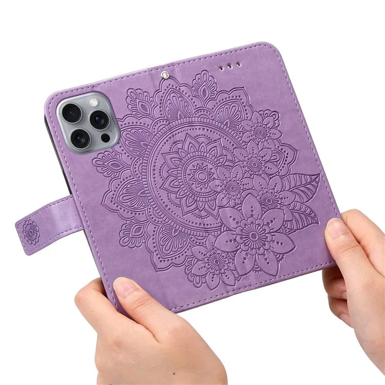 For iPhone 16 Pro Max Case Flower Imprinted Full Protection PU Leather Wallet Phone Cover