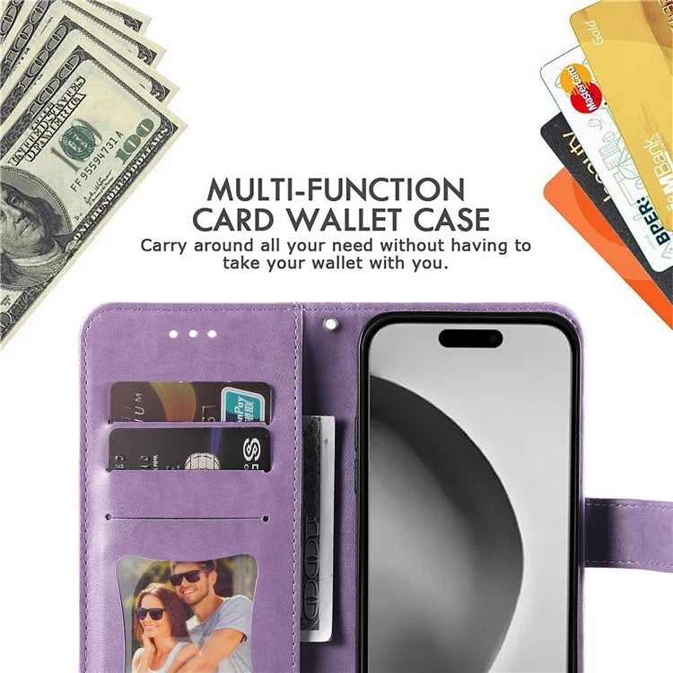For iPhone 16 Pro Max Case Flower Imprinted Full Protection PU Leather Wallet Phone Cover