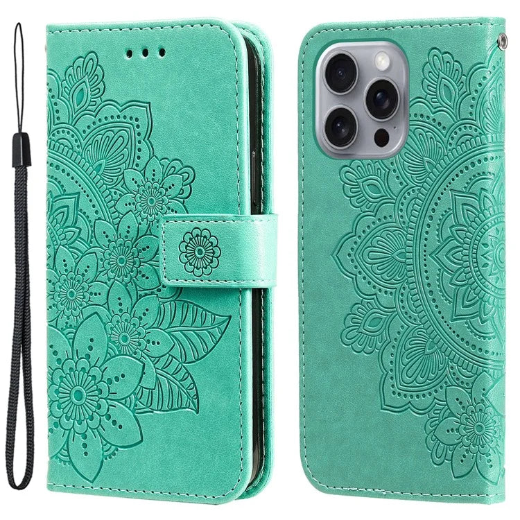 For iPhone 16 Pro Max Case Flower Imprinted Full Protection PU Leather Wallet Phone Cover