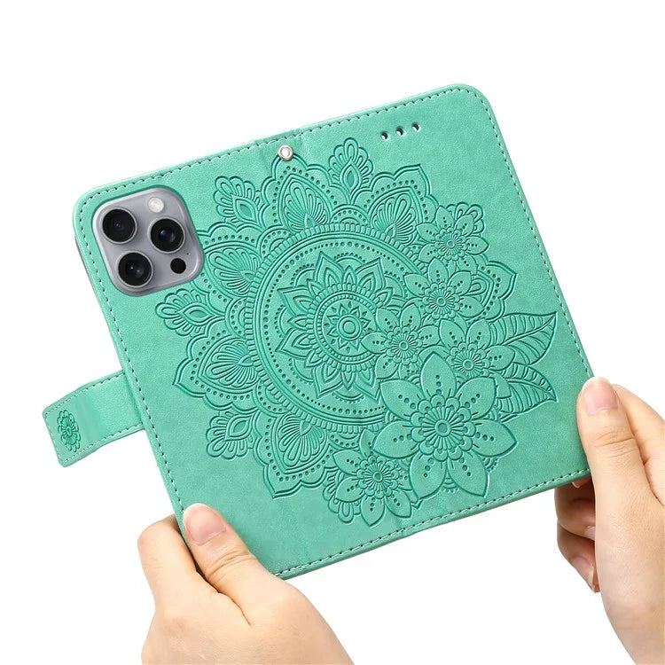 For iPhone 16 Pro Max Case Flower Imprinted Full Protection PU Leather Wallet Phone Cover