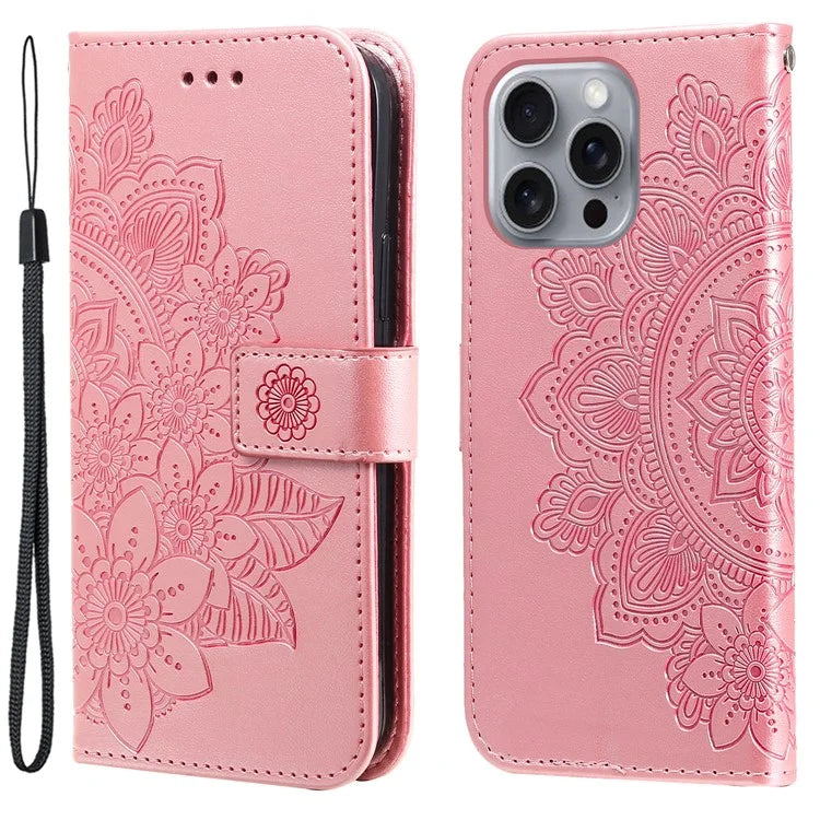 For iPhone 16 Pro Max Case Flower Imprinted Full Protection PU Leather Wallet Phone Cover