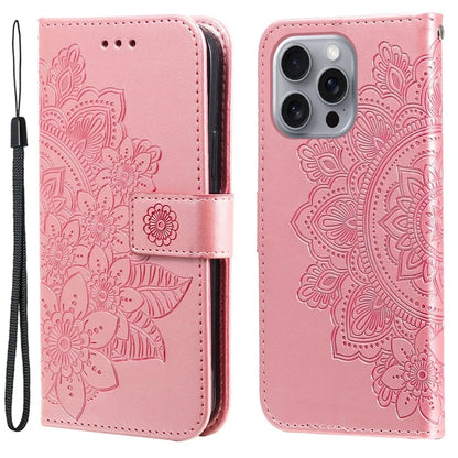 For iPhone 16 Pro Max Case Flower Imprinted Full Protection PU Leather Wallet Phone Cover