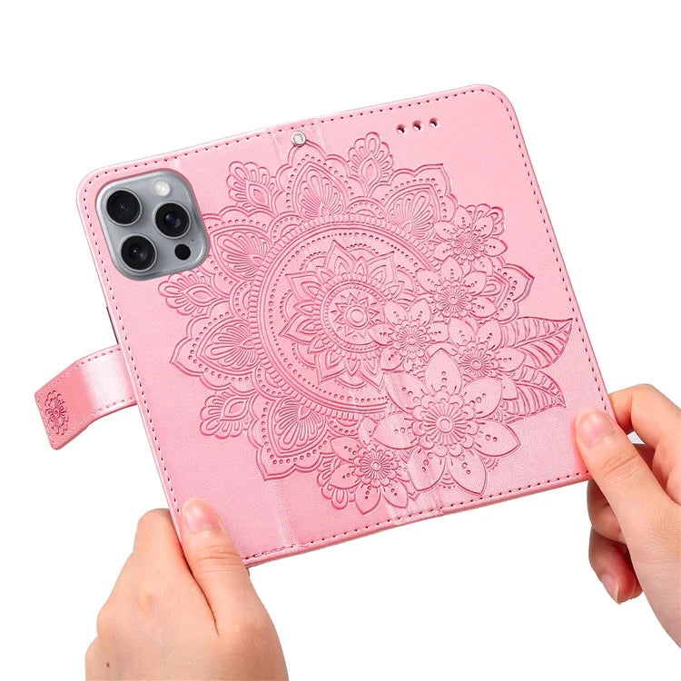 For iPhone 16 Pro Max Case Flower Imprinted Full Protection PU Leather Wallet Phone Cover