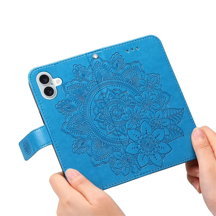 For iPhone 16 Case Flower Imprinted PU Leather Wallet Shockproof Phone Cover