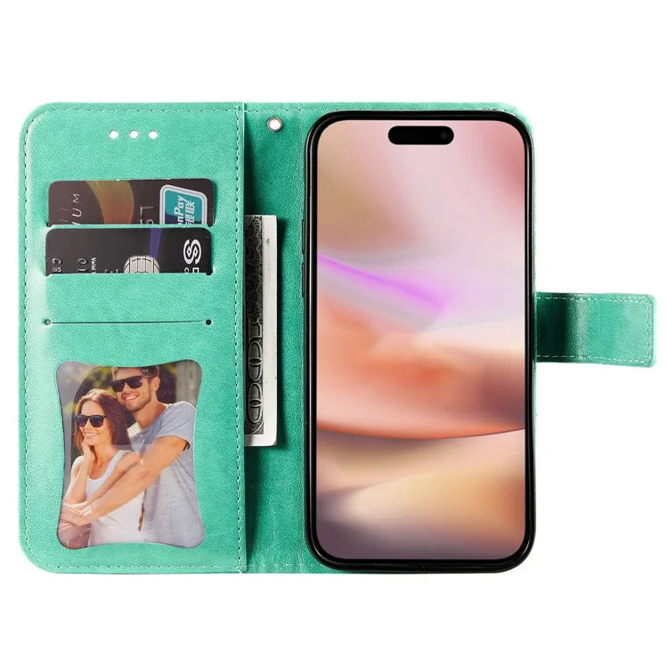 For iPhone 16 Case Flower Imprinted PU Leather Wallet Shockproof Phone Cover
