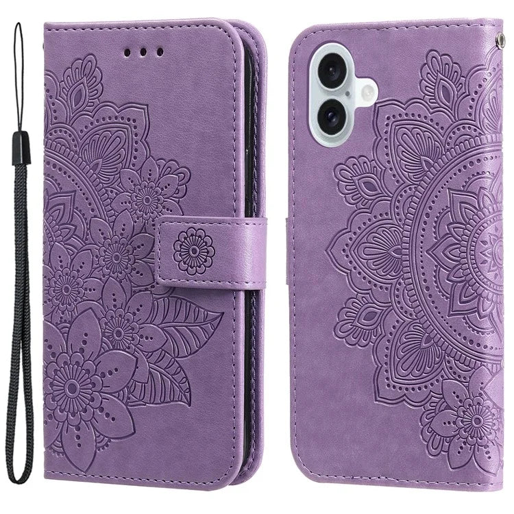 For iPhone 16 Case Flower Imprinted PU Leather Wallet Shockproof Phone Cover
