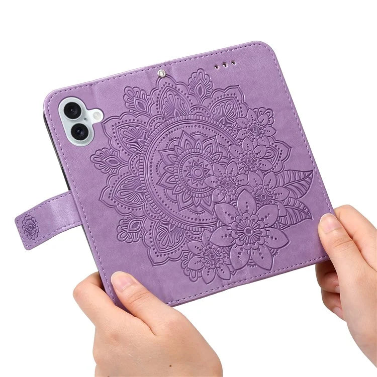 For iPhone 16 Case Flower Imprinted PU Leather Wallet Shockproof Phone Cover