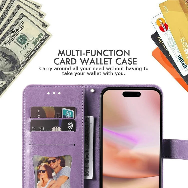 For iPhone 16 Case Flower Imprinted PU Leather Wallet Shockproof Phone Cover