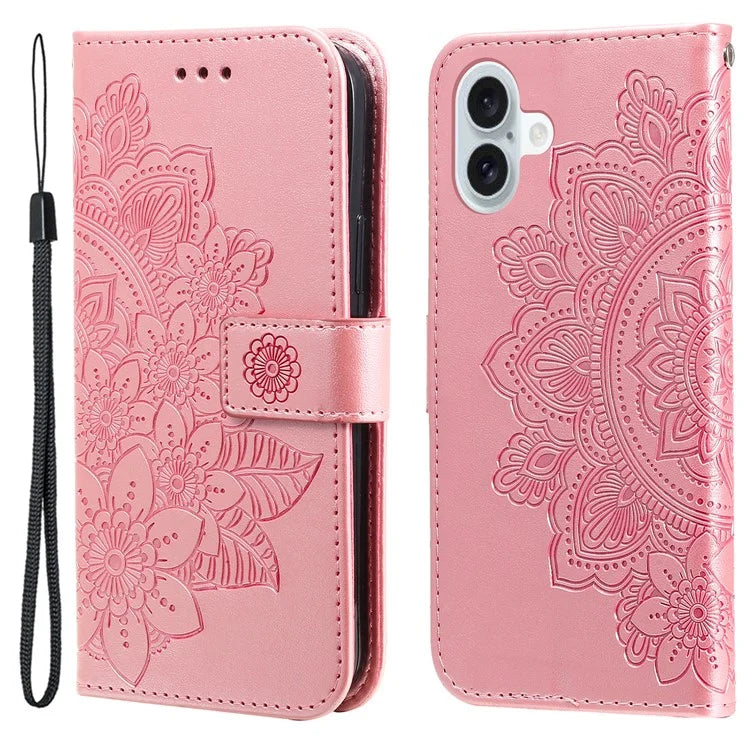 For iPhone 16 Case Flower Imprinted PU Leather Wallet Shockproof Phone Cover