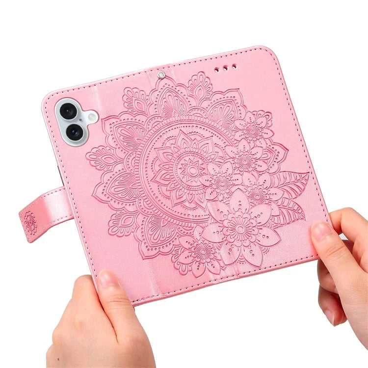 For iPhone 16 Case Flower Imprinted PU Leather Wallet Shockproof Phone Cover