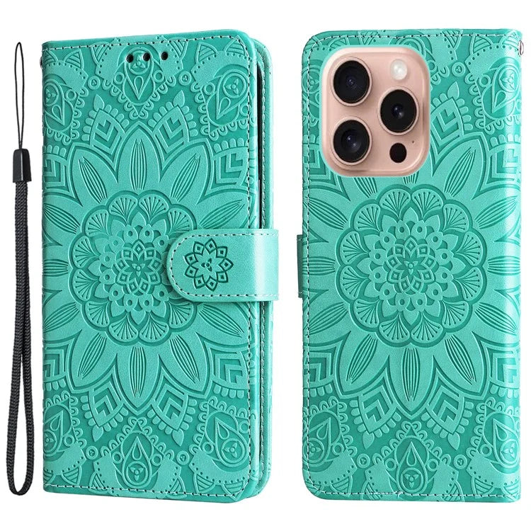For iPhone 16 Pro Case Sunflower Leather Flip Cover Card Holder Stand Cell Accessories