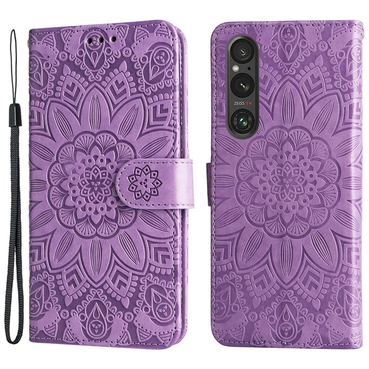 For Sony Xperia 1 V Case PU Leather Sunflower Imprinted Phone Cover