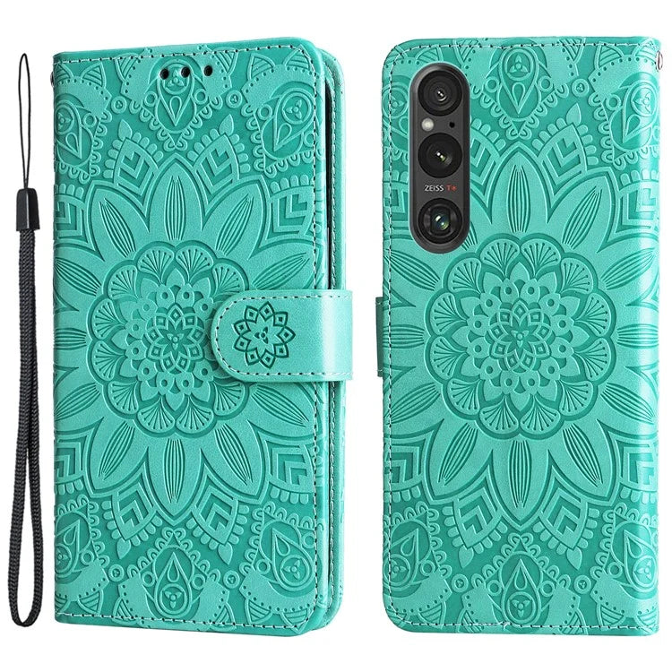 For Sony Xperia 1 V Case PU Leather Sunflower Imprinted Phone Cover