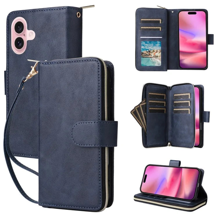 For iPhone 16 Case 9 Card Slots PU Leather Zipper Wallet Phone Cover
