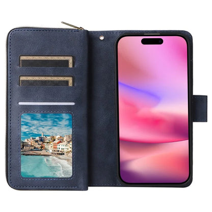 For iPhone 16 Case 9 Card Slots PU Leather Zipper Wallet Phone Cover