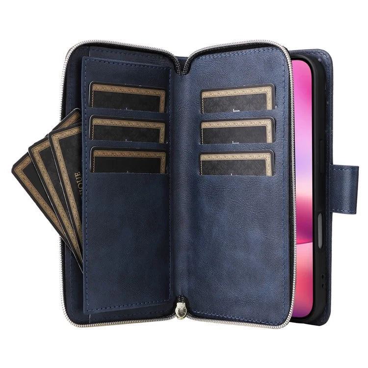 For iPhone 16 Case 9 Card Slots PU Leather Zipper Wallet Phone Cover